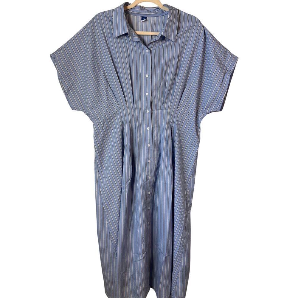 Old Navy Pintuck Waist Midi Shirt Dress Blue White Stripe XL 100% Cotton NWT - Picture 2 of 8